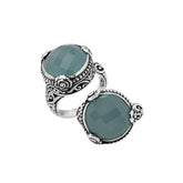 Sterling Silver Blue Chalcedony Quartz Round Shape Floral Balinese Statement Ring